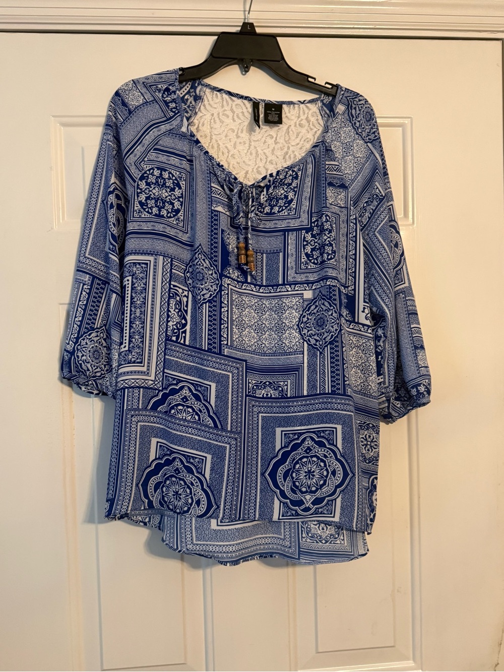 new directions Blue Printed Peasant Top with Lace Yoke